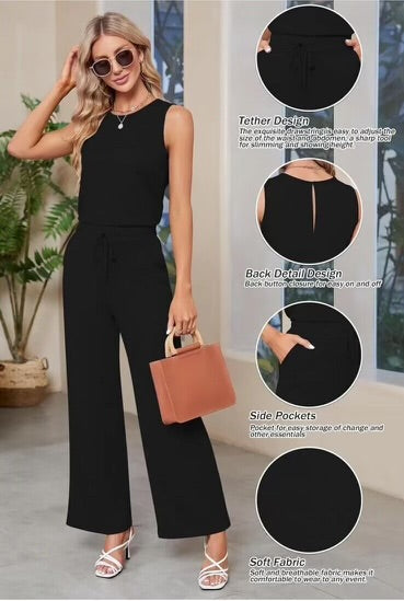 Casual Jumpsuit Wide Leg Belted Waist and Pockets