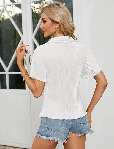 Deep V Neck Button Front Split Slit Bell Sleeve Shirt