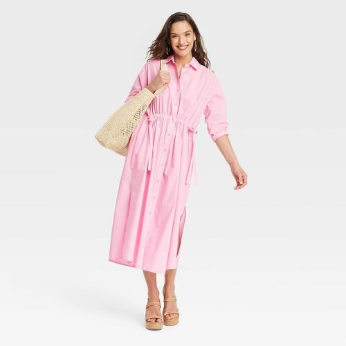Women’s Cinch Waist Midi Shirt Dress Pink