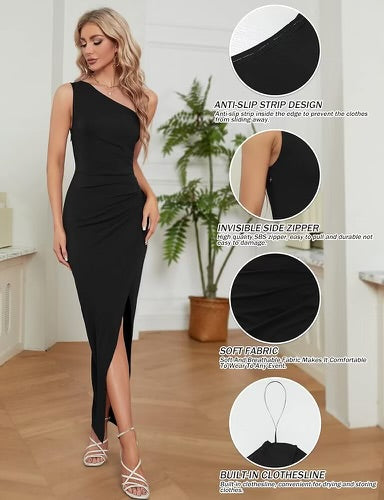 One Shoulder Long Formal Dress With Front Slit Black