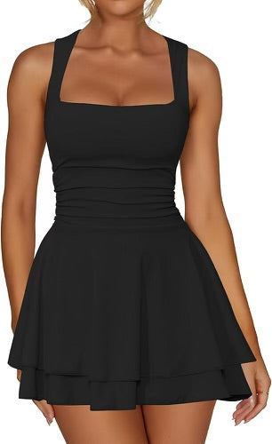 Square Neck Ruffled Hem Ruched Waist Dress Black