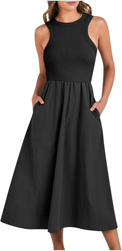 Casual Sleeveless Midi Ribbed Dress Black