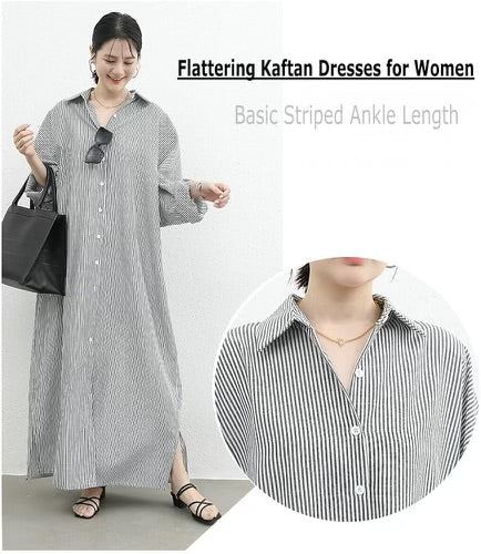 Women’s Casual Stripped Maxi Button Down Shirt Dress