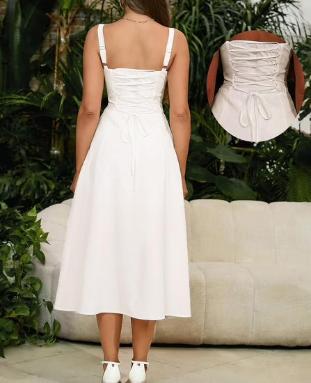 Corset Flowy Slit Lace Up Dress White