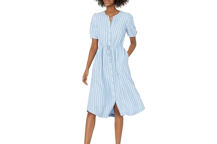 Women’s Midi Button Down Shirt Drawstring Waist Dress