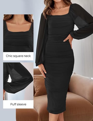 Se y Ruched Bodycon Mesh Midi Dress Black