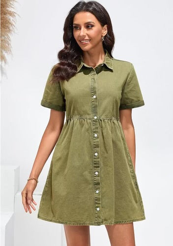 Denim Army Green Dress Button Down Shirt