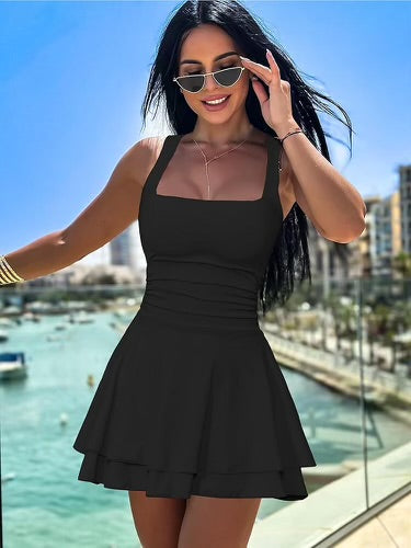 Square Neck Ruffled Hem Ruched Waist Dress Black