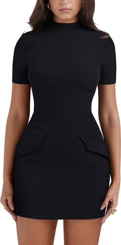 Women’s Short Sleeve Mock Turtle Neck Mini Dress Black