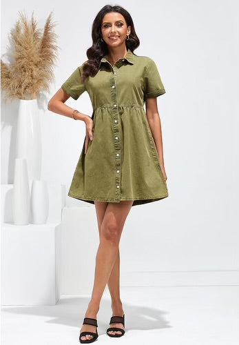 Denim Army Green Dress Button Down Shirt