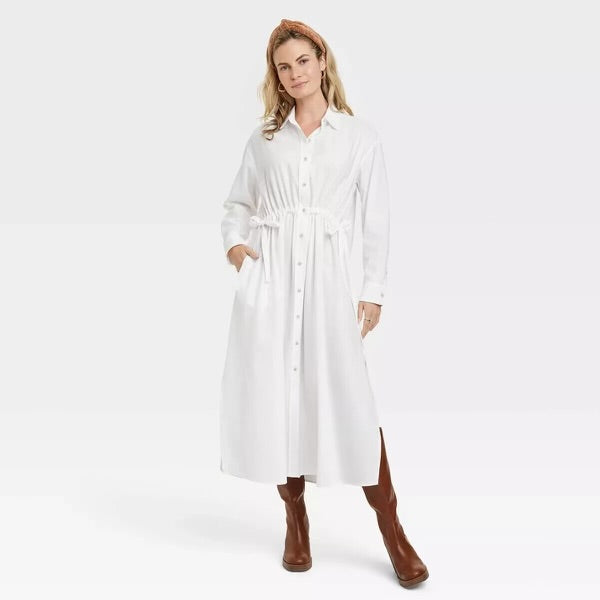 Women’s Cinch Waist Midi Shirt Dress White