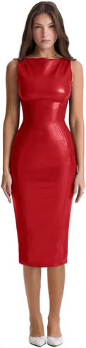 Sleeveless PU Faux Leather Bodycon Maxi Pencil Dress