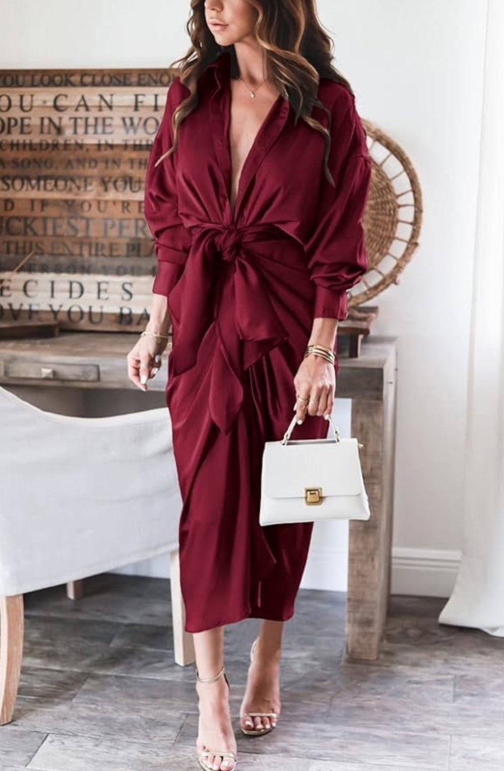 Long Sleeve Button Down Satin Maxi Dress Burgundy
