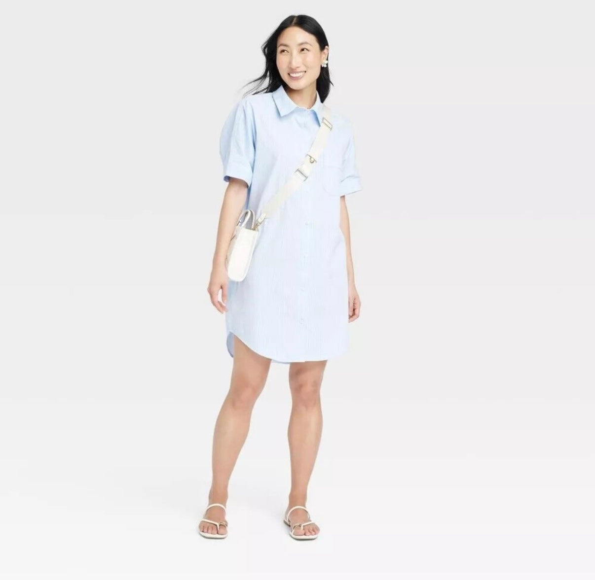 Woven Mini Shirtdress Short Sleeve Blue Striped