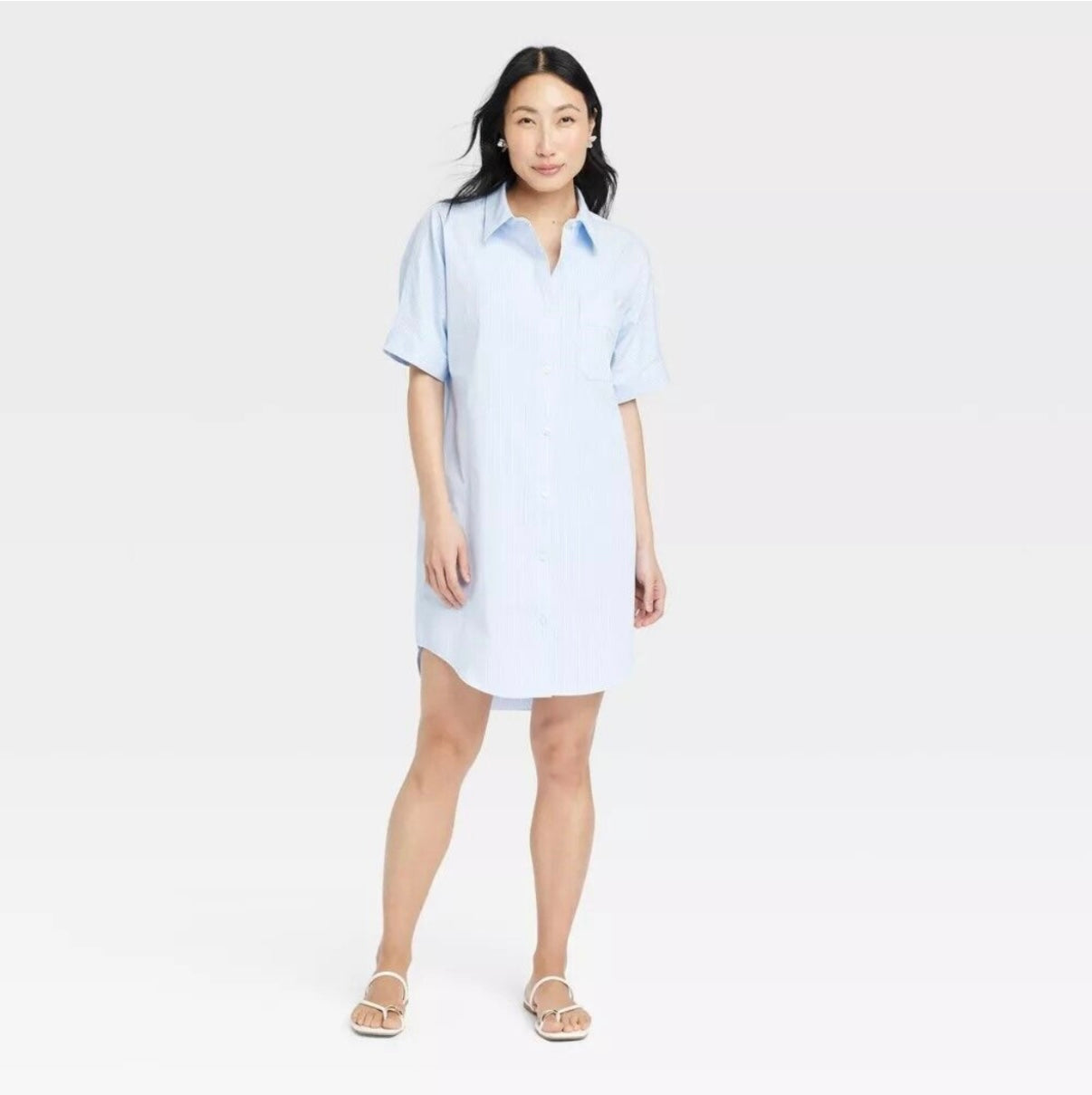Woven Mini Shirtdress Short Sleeve Blue Striped