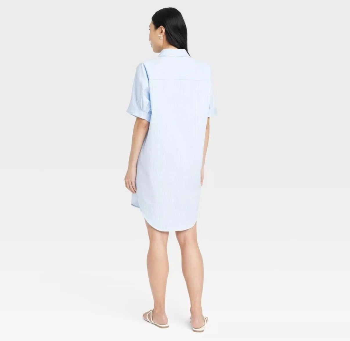 Woven Mini Shirtdress Short Sleeve Blue Striped