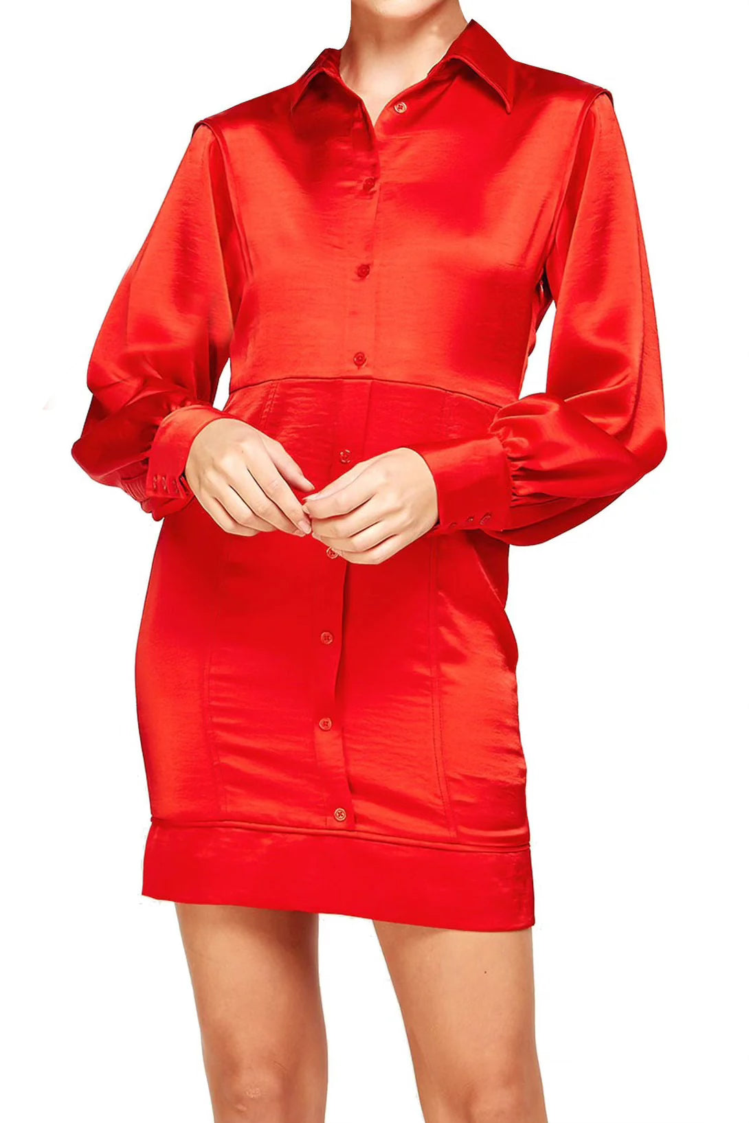 Red Satin Button Long Sleeve Dress