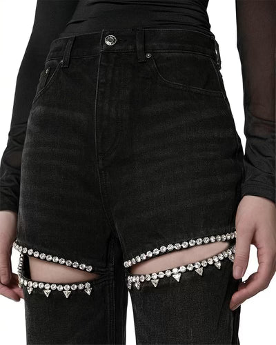 Women's Y2K Baggy High Waisted Rhinestone Stretch Jeans