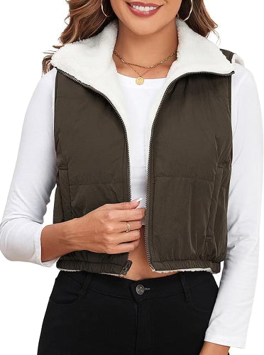 Women's Fleeced Crop Vest Sleeveless Zip Up
