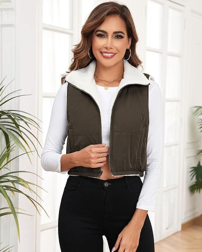 Women's Fleeced Crop Vest Sleeveless Zip Up