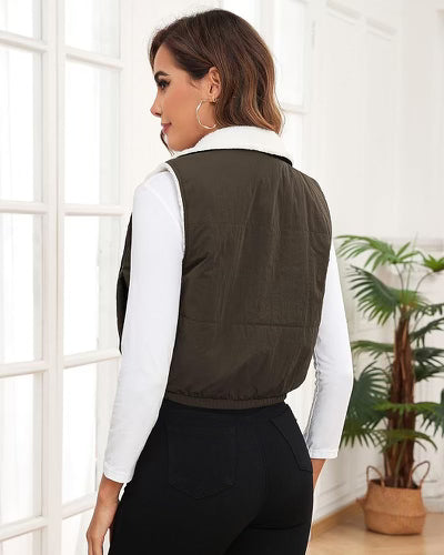 Women's Fleeced Crop Vest Sleeveless Zip Up